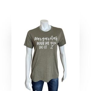 "Margaritas Made Me Do It”. Heathered Olive T-shirt.
Size: Medium - P2P is 19"